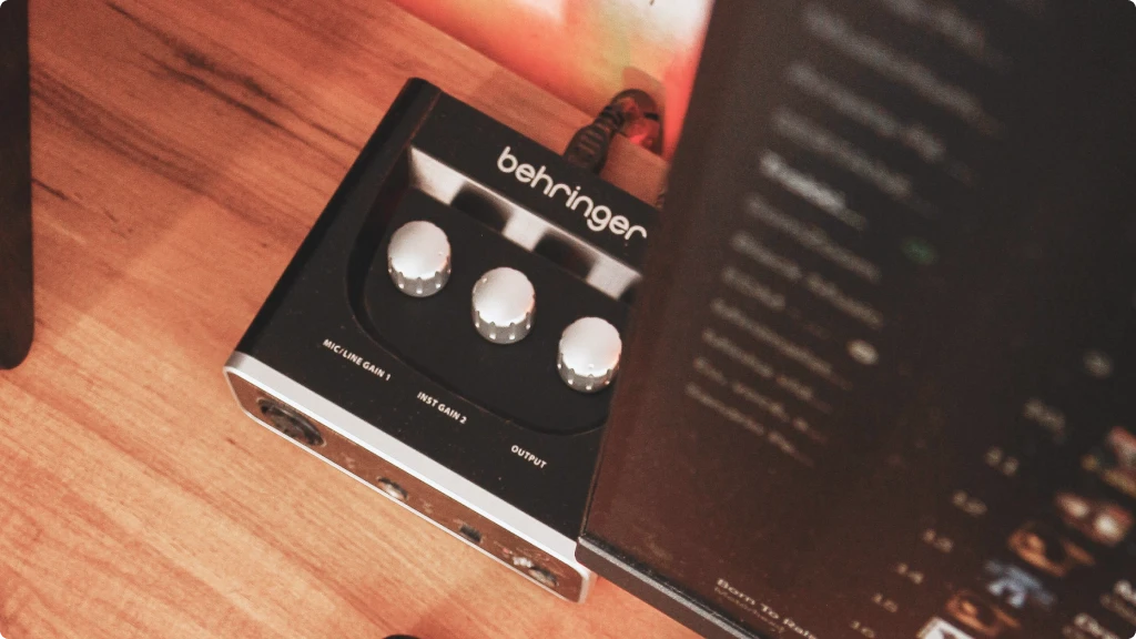Behringer U-Phoria UM2 Review_ Best Affordable Audio Interface. Top view of the interface on a desk