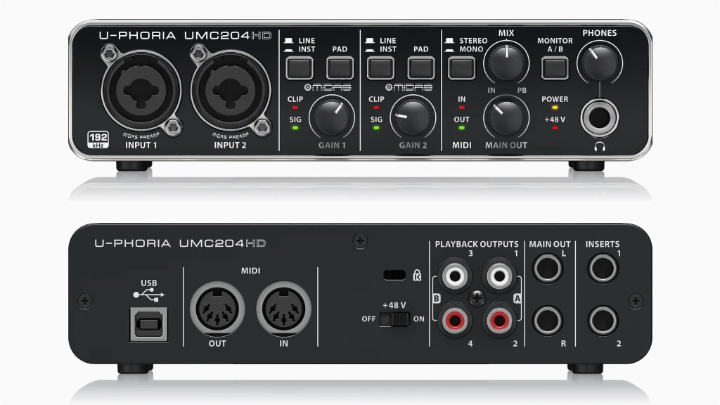 Behringer U-Phoria UMC204HD Audio Interface front and back