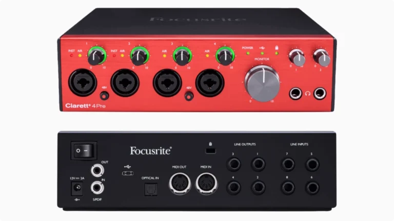 Focusrite Clarett+ 4Pre audio interface front and back view