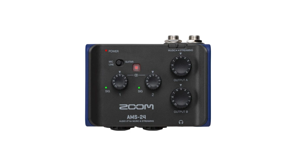 Zoom AMS 24 audio interface for streaming on a light background