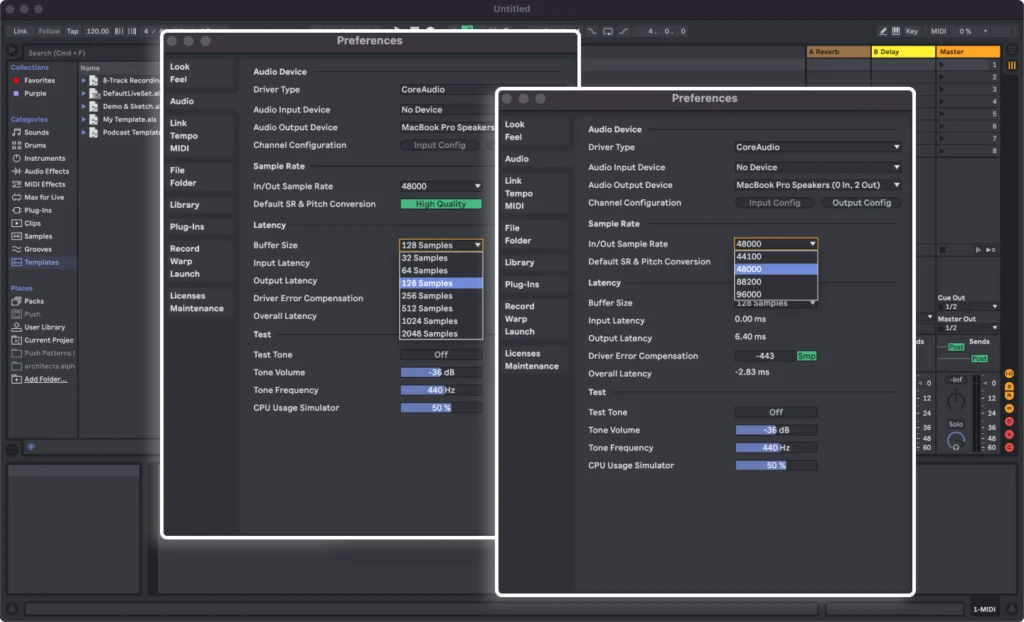 Buffer size and sample rate Ableton preferences screenshot