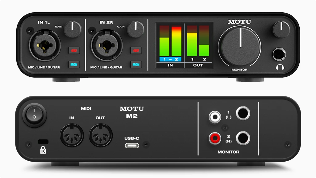 MOTU M2 USB Audio Interface front and back view