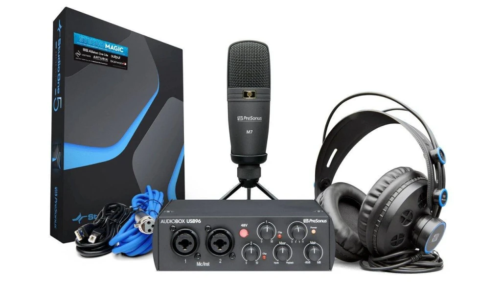 PreSonus AudioBox Studio displaying the tools included, headphone, microphone, software bundle and audio interface