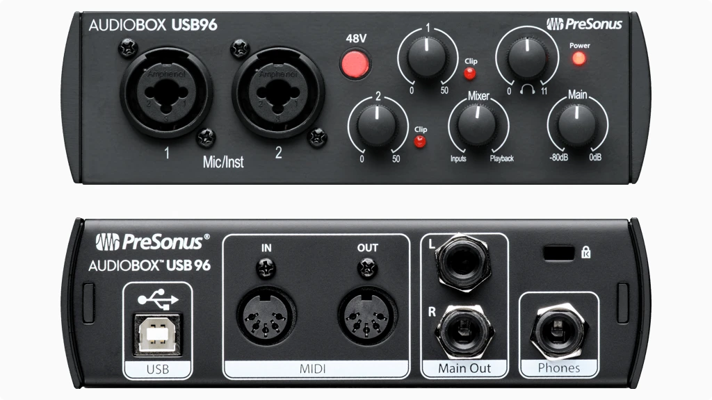 Presonus Audiobox USB 96 Audio Interface font and back view