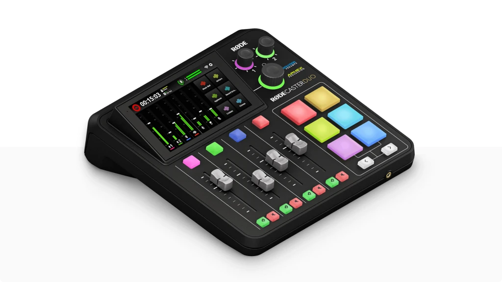 Audio mixing console with colorful buttons
