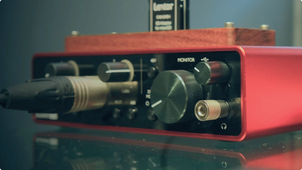 Focusrite audio interface connected close up