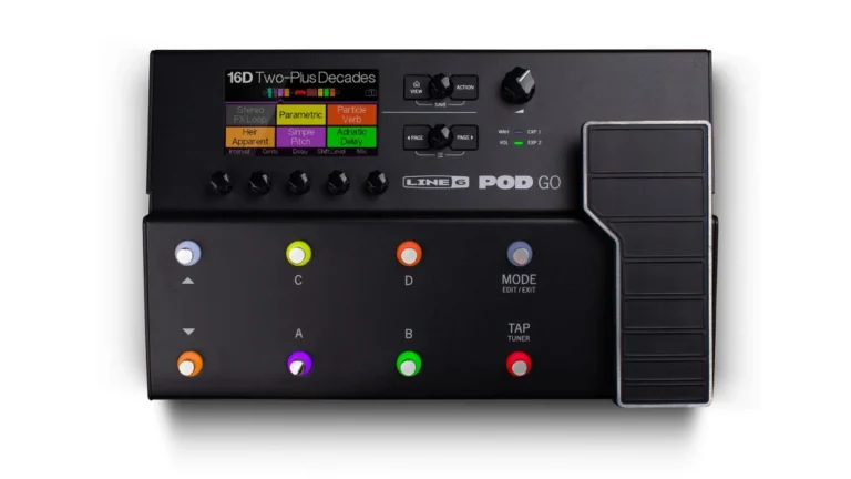 Line 6 POD Go Multi Effects Processor and audio Interface top view on a white background
