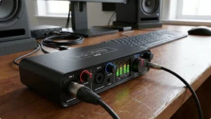 MOTU M2 audio interface on a studio desk with cables connected