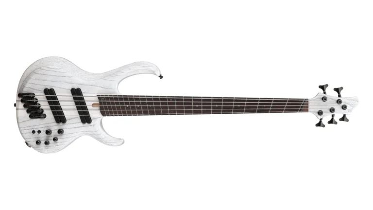 Ibanez BTB865MS multiscale 5-string bass guitar, front view.