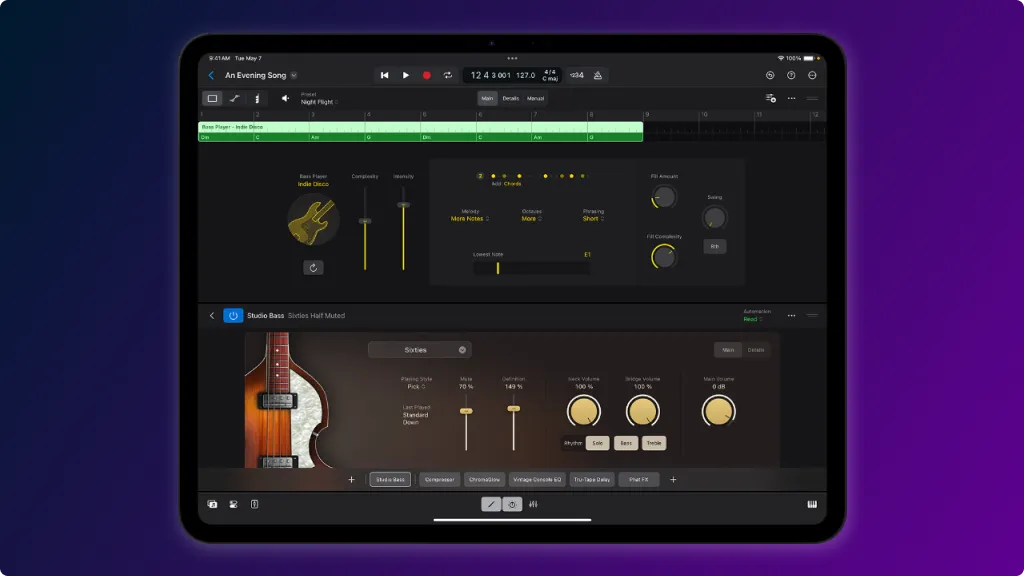 Picture showing a screenshot of an Ipad with Logic Pro on iPadOS 26 Audio Features