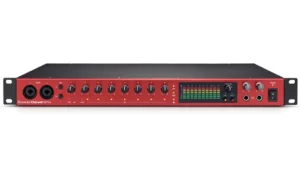 Red and black Focusrite Clarett+ 8Pre studio audio interface.
