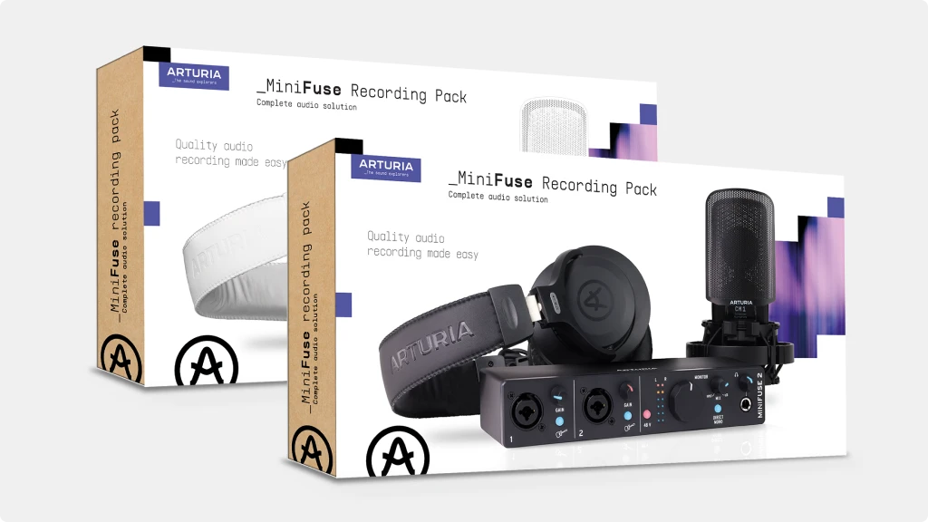 Minifuse recording pack, two boxes of the bundle, one in front of the other, over a light background