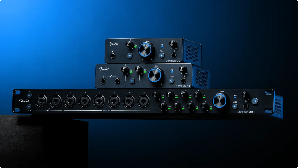 Fender Quantum LT Series Review Audio Interfaces on a blue background