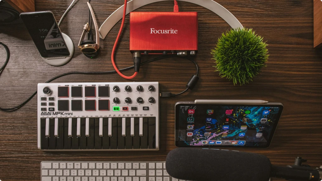What is an audio interface? Focusrite audio interface on a desk with MIDI keyboard, ipad and microphone